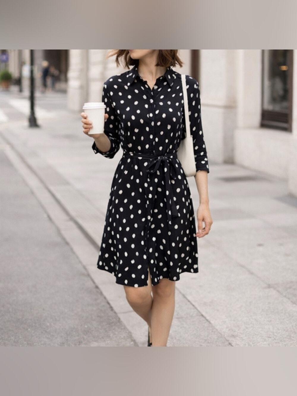 Black White Polka Dot Shirt Dress Minimalist Parisian Belted Sz. 8P